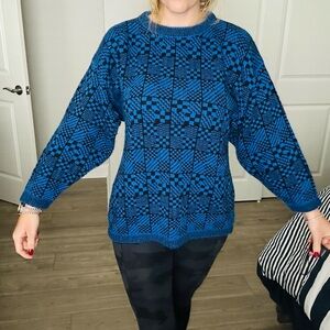 Blue Patterned Women's Crew Neck Sweater